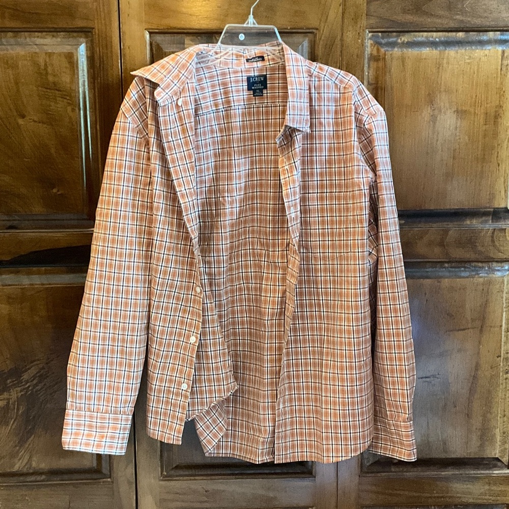 J. Crew Orange and White Plaid Men’s Button-Down Shirt- Slim Untucked